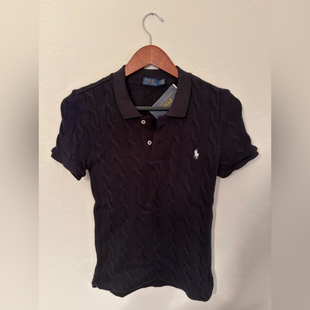 Polo Ralph Lauren Black Cable Knit Polo Sweater - Medium